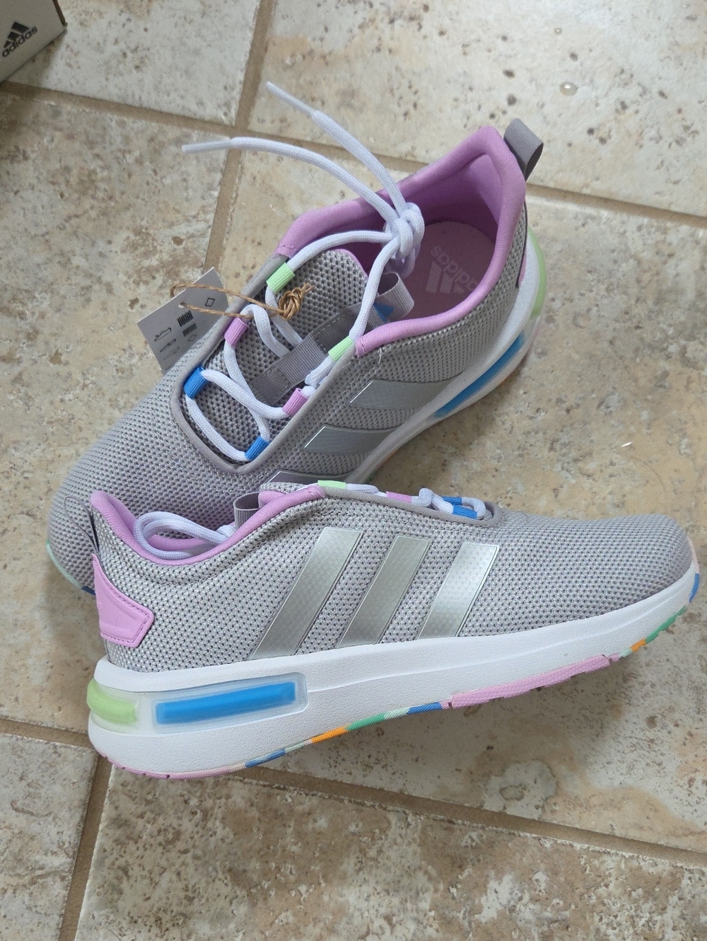 adidas Kids Light Gray Sneakers with Pastel Pink, Blue & Lime Accents